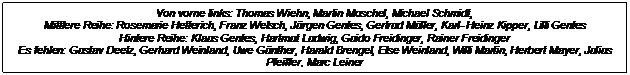 Textfeld: Von vorne links: Thomas Wiehn, Martin Moschel, Michael Schmidt, 
Mittlere Reihe: Rosemarie Hetterich, Franz Welsch, Jrgen Gentes, Gertrud Mller, Karl- Heinz Kipper, Lilli Gentes
Hintere Reihe: Klaus Gentes, Hartmut Ludwig, Guido Freidinger, Rainer Freidinger
Es fehlen: Gustav Deetz, Gerhard Weinland, Uwe Gnther, Harald Brengel, Else Weinland, Willi Martin, Herbert Mayer, Julius Pfeiffer, Marc Leiner
